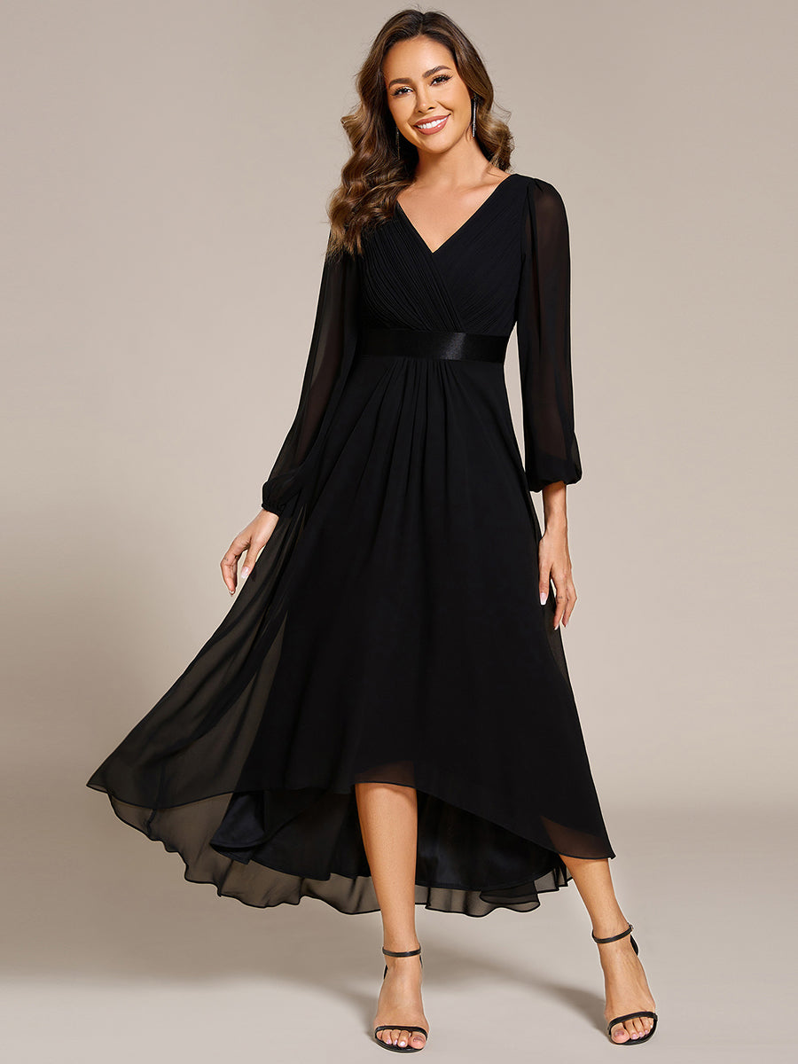 Robe midi pour invités de mariage en mousseline à manches longues #Couleur_Noir