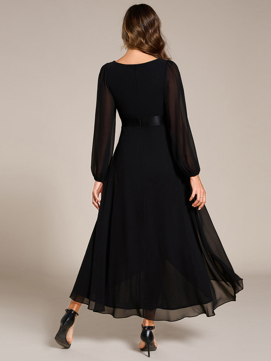 Robe midi pour invités de mariage en mousseline à manches longues #Couleur_Noir