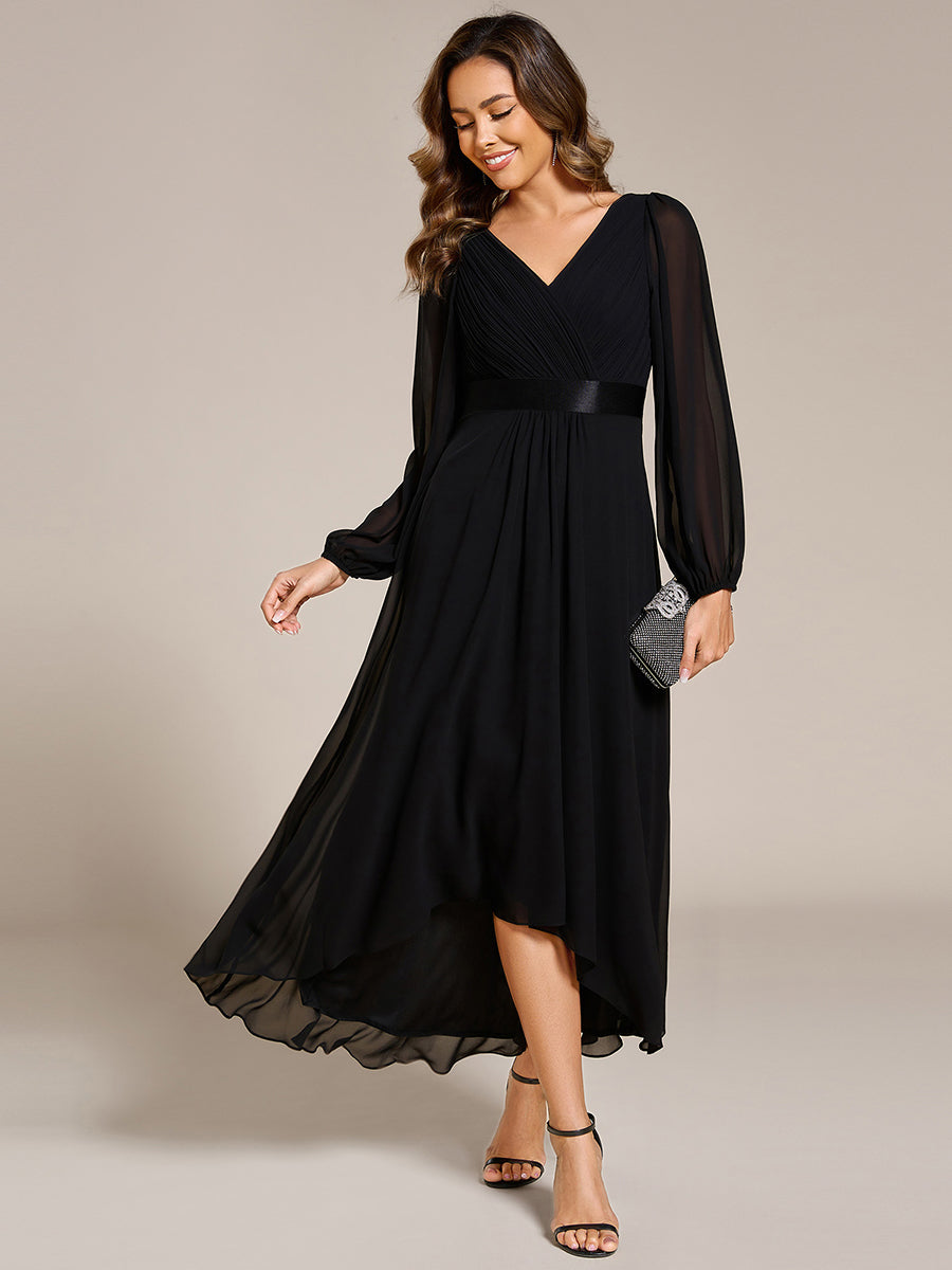 Robe midi pour invités de mariage en mousseline à manches longues #Couleur_Noir