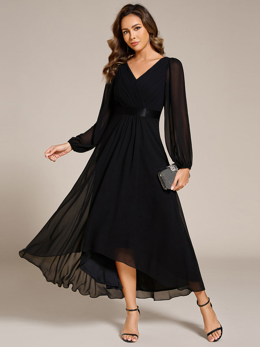 Robe midi pour invités de mariage en mousseline à manches longues #Couleur_Noir