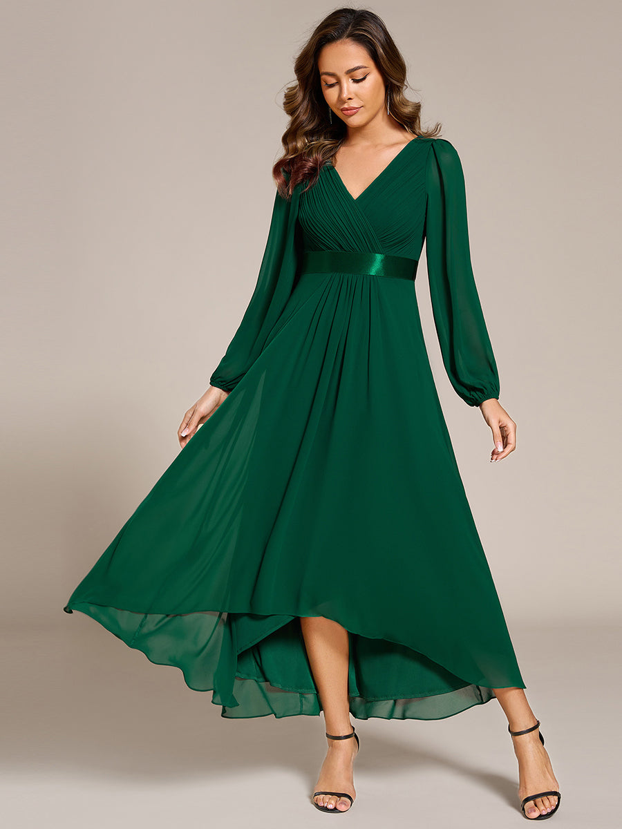 Robe midi pour invités de mariage en mousseline à manches longues #Couleur_Vert Fonce