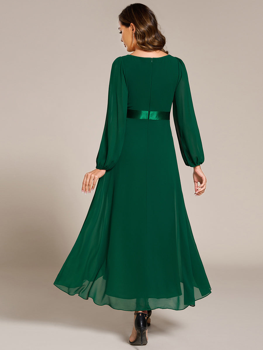 Robe midi pour invités de mariage en mousseline à manches longues #Couleur_Vert Fonce