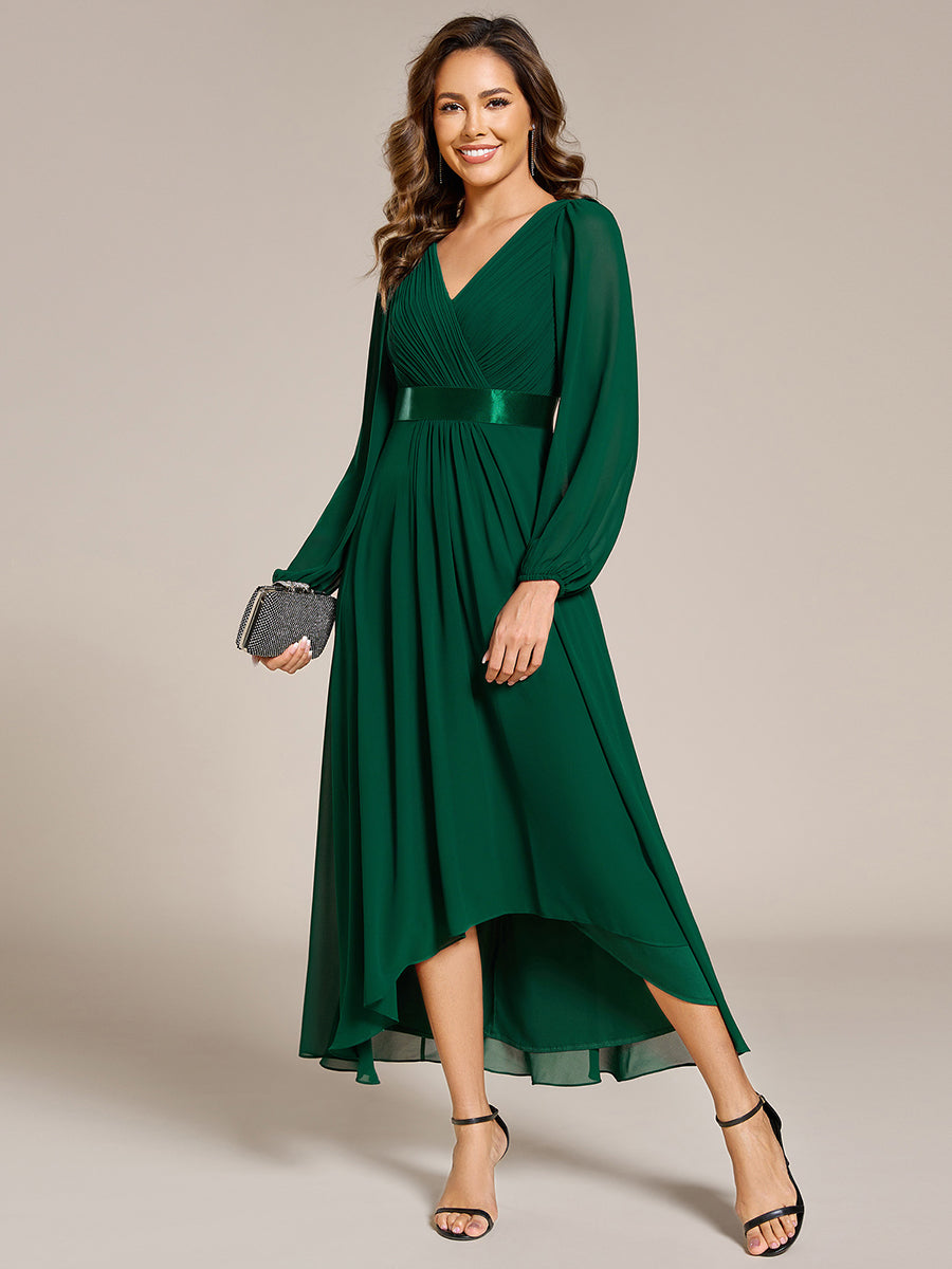 Robe midi pour invités de mariage en mousseline à manches longues #Couleur_Vert Fonce