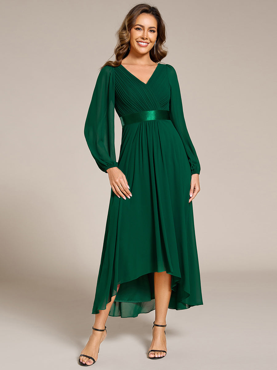 Robe midi pour invités de mariage en mousseline à manches longues #Couleur_Vert Fonce