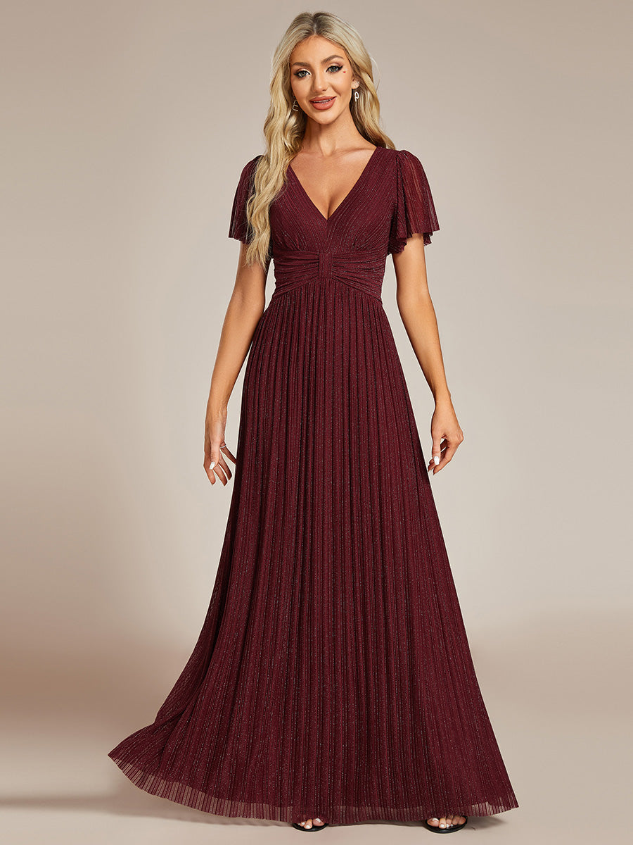 Robe de soirée formelle scintillante à manches courtes et col en V #Couleur_Bordeaux