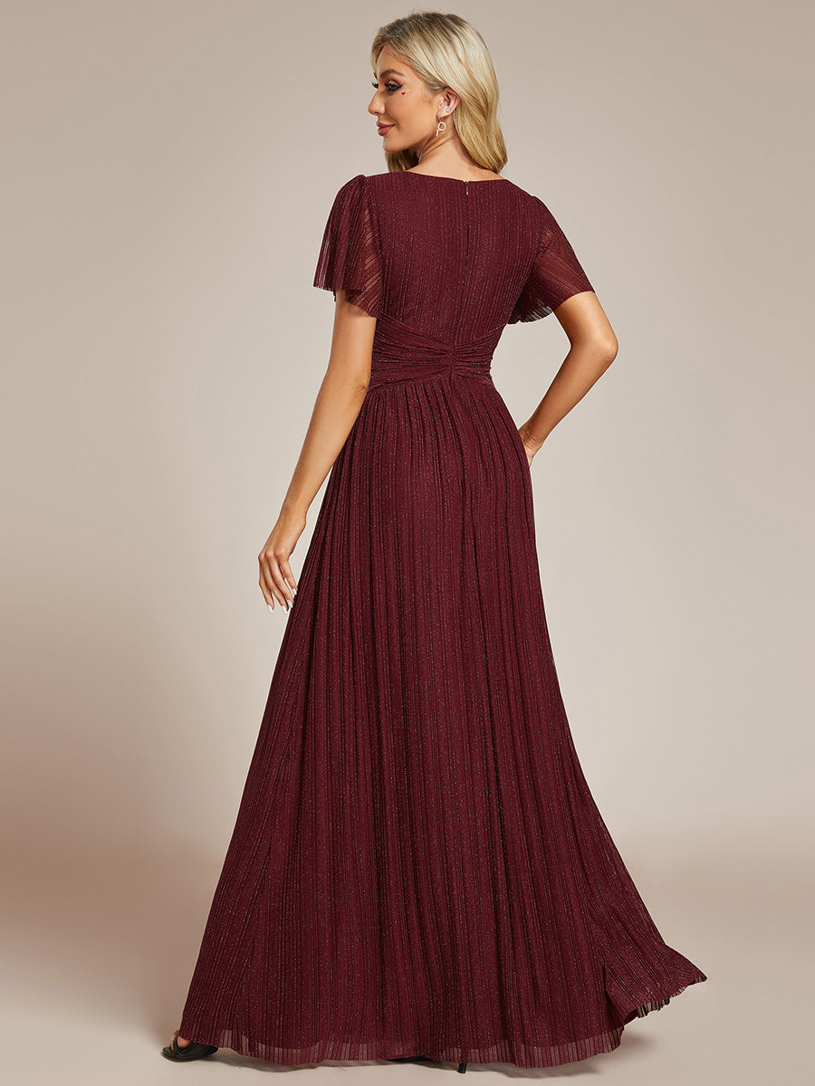 Robe de soirée formelle scintillante à manches courtes et col en V #Couleur_Bordeaux