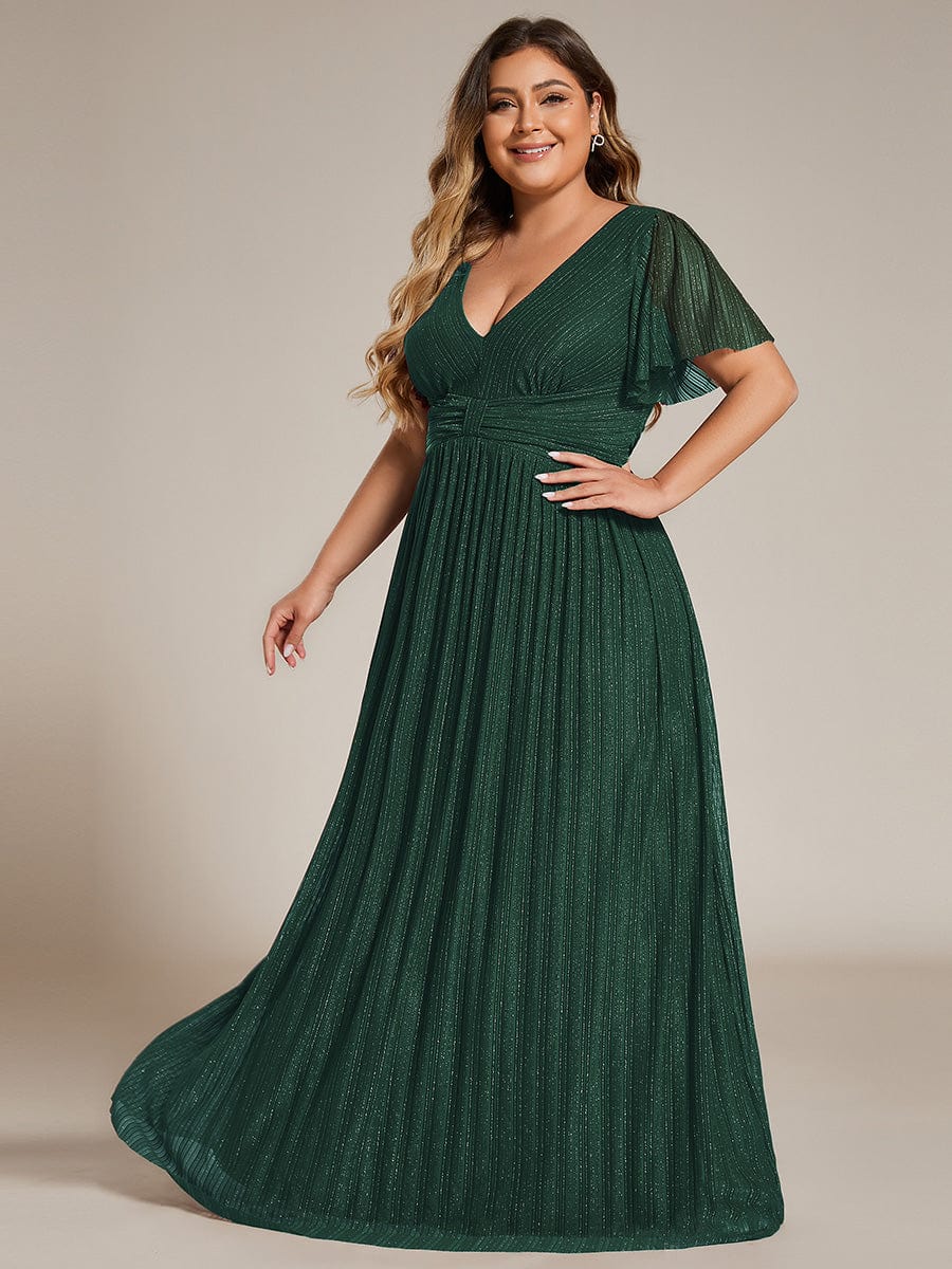 Robe de soirée formelle scintillante à manches courtes et col en V #Couleur_Vert Fonce