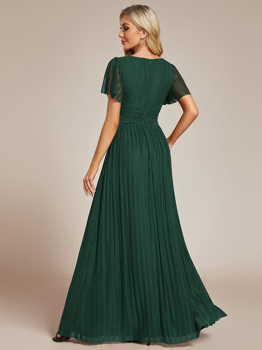 Robe de soirée formelle scintillante à manches courtes et col en V #Couleur_Vert Fonce