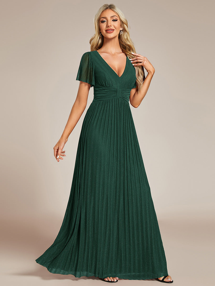 Robe de soirée formelle scintillante à manches courtes et col en V #Couleur_Vert Fonce