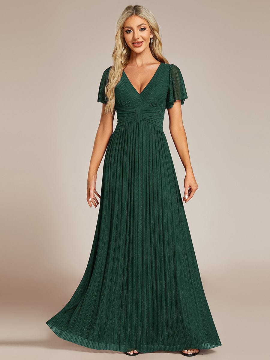 Robe de soirée formelle scintillante à manches courtes et col en V #Couleur_Vert Fonce