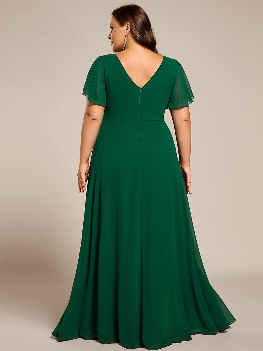 Robe de soirée plissée trapèze en mousseline de soie manches courtes et taille à sequins #Couleur_Vert Fonce