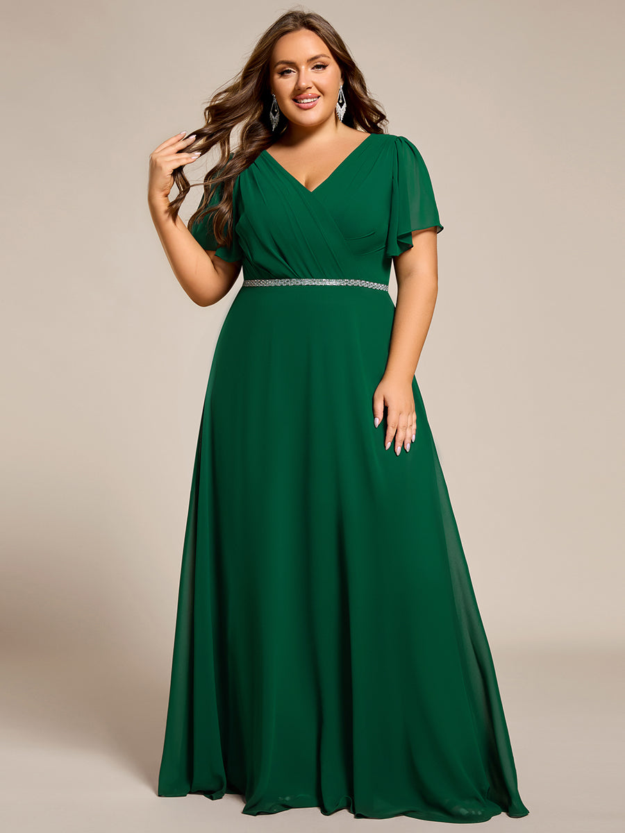 Robe de soirée plissée trapèze en mousseline de soie manches courtes et taille à sequins #Couleur_Vert Fonce