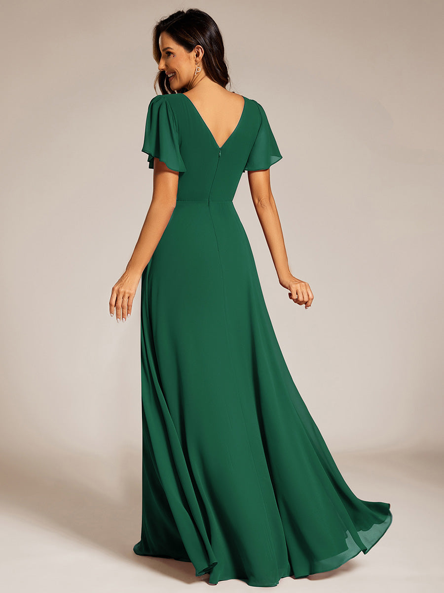 Robe de soirée plissée trapèze en mousseline de soie manches courtes et taille à sequins #Couleur_Vert Fonce