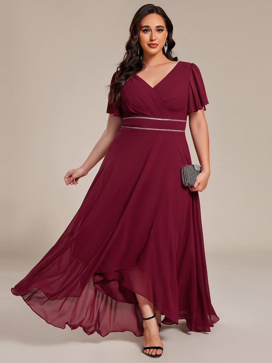 Robe de soirée formelle en mousseline de soie à double col en V et taille ajustée #Couleur_Bordeaux