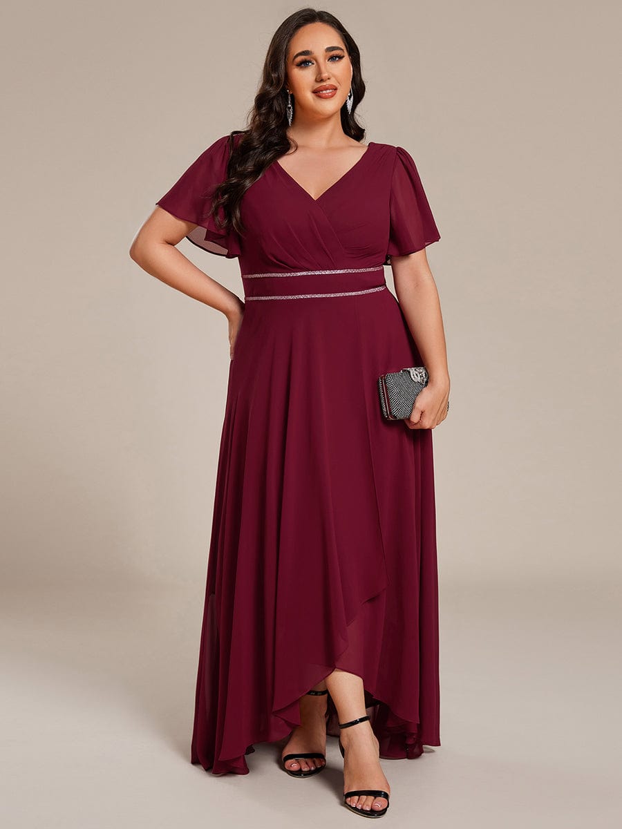 Robe de soirée formelle en mousseline de soie à double col en V et taille ajustée #Couleur_Bordeaux