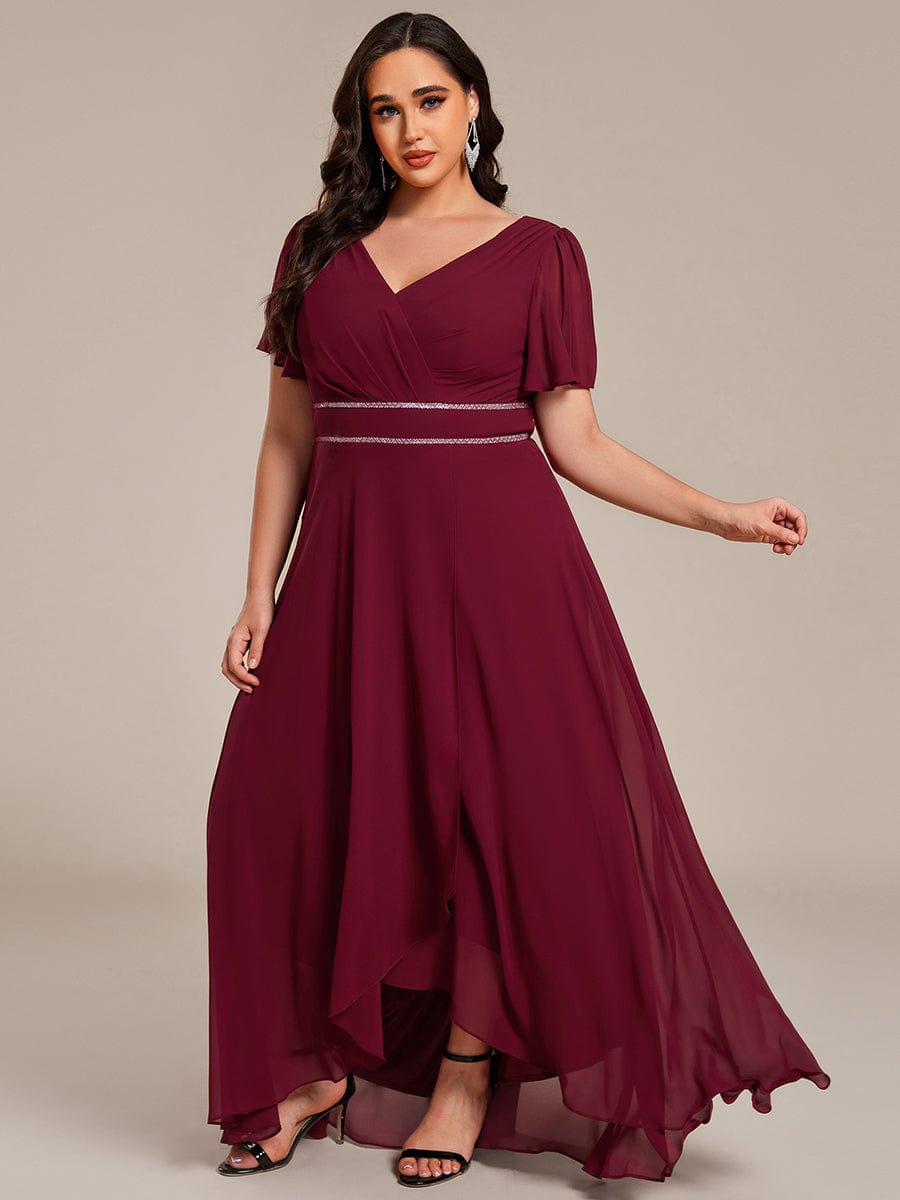 Robe de soirée formelle en mousseline de soie à double col en V et taille ajustée #Couleur_Bordeaux