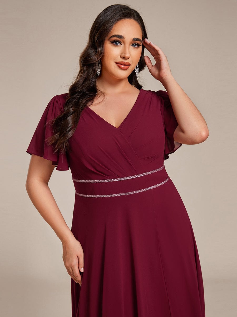 Robe de soirée formelle en mousseline de soie à double col en V et taille ajustée #Couleur_Bordeaux