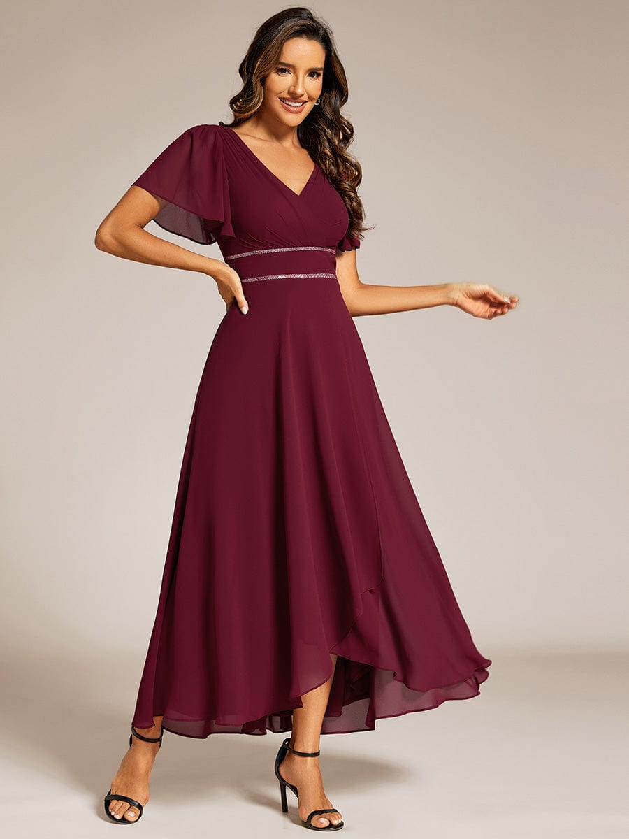 Robe de soirée formelle en mousseline de soie à double col en V et taille ajustée #Couleur_Bordeaux