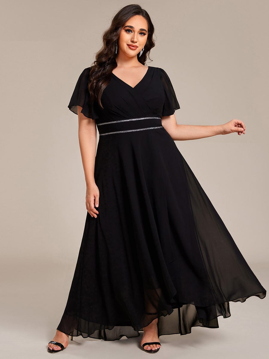 Robe de soirée formelle en mousseline de soie à double col en V et taille ajustée #Couleur_Noir