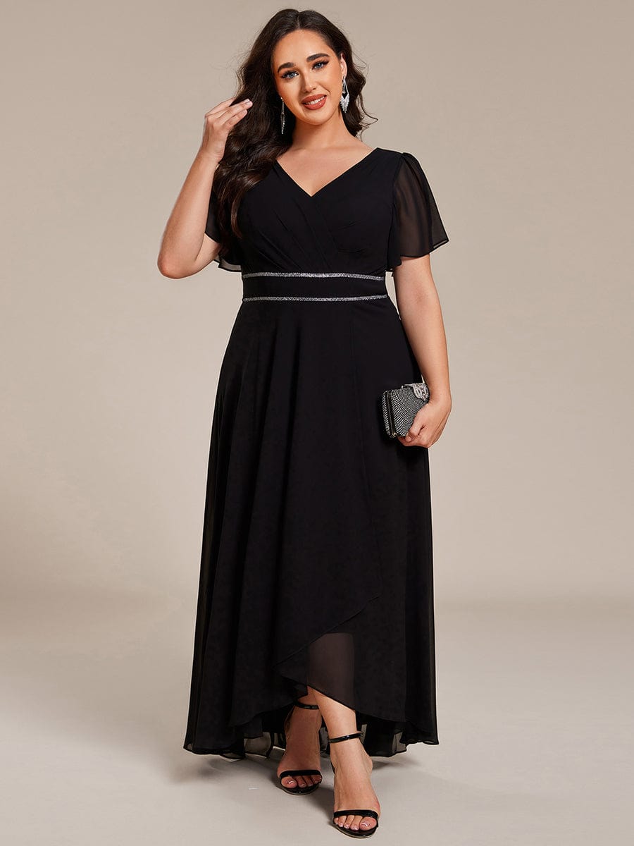 Robe de soirée formelle en mousseline de soie à double col en V et taille ajustée #Couleur_Noir