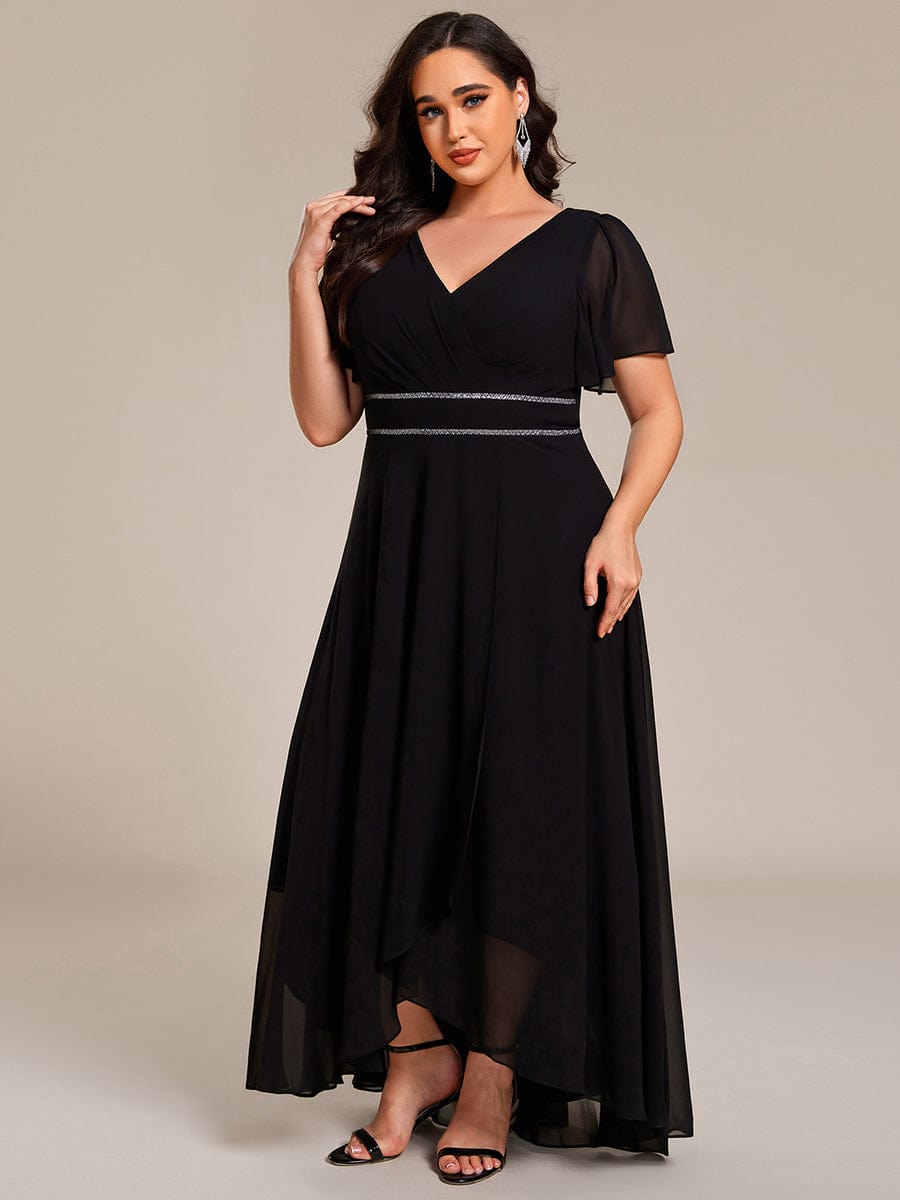 Robe de soirée formelle en mousseline de soie à double col en V et taille ajustée #Couleur_Noir