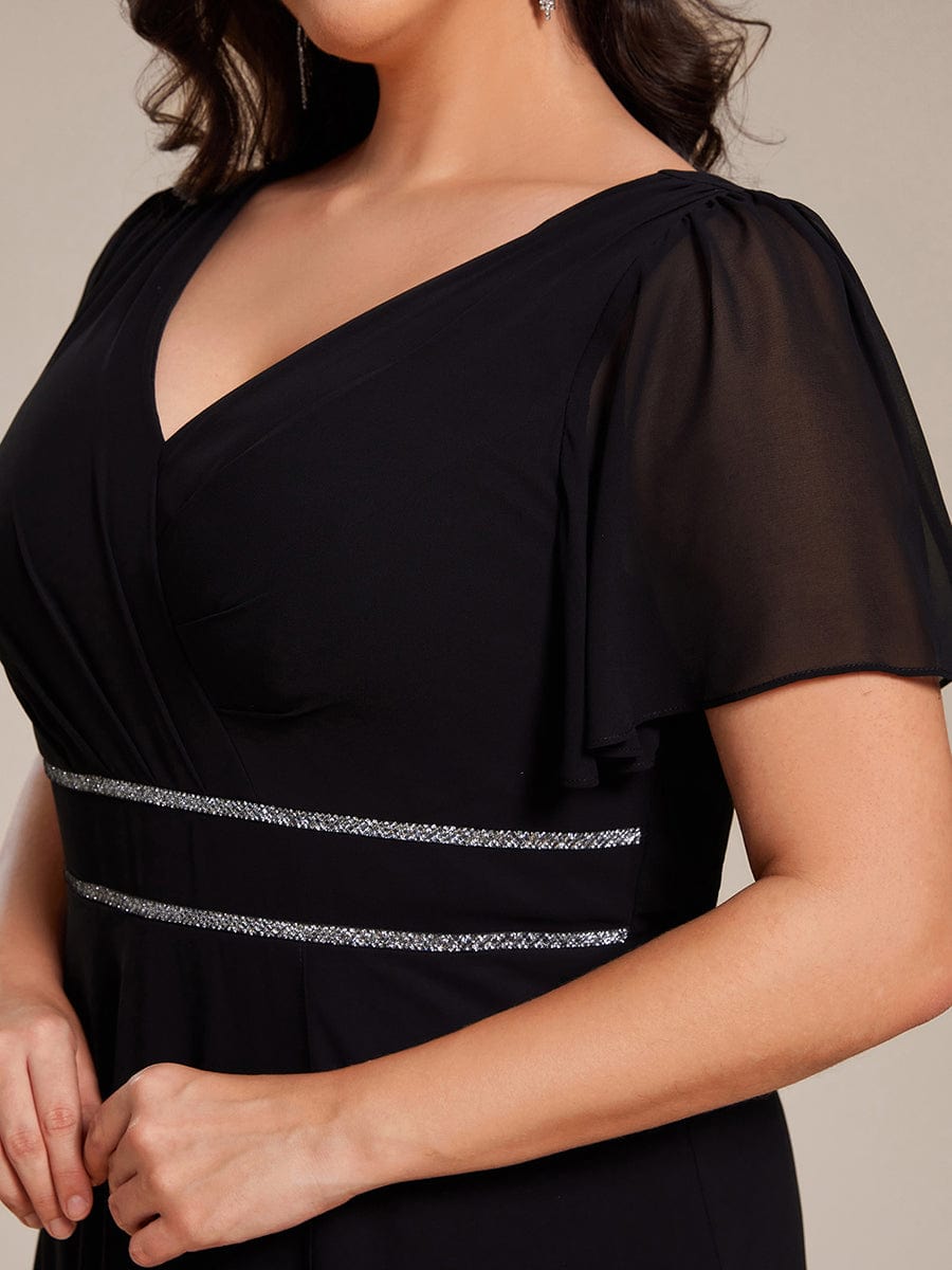 Robe de soirée longue en mousseline de soie à col en V et strass grande taille #Couleur_Noir