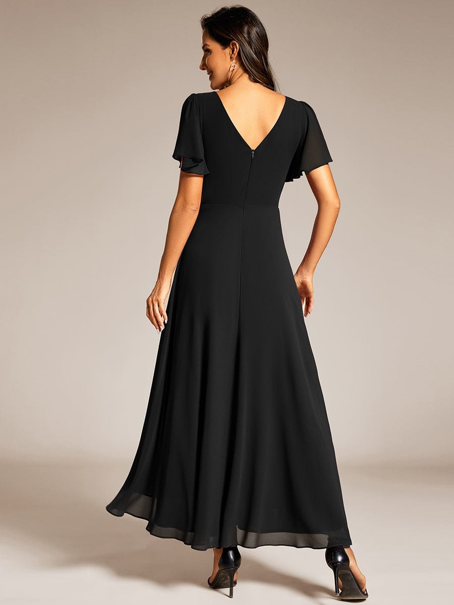 Robe de soirée formelle en mousseline de soie à double col en V et taille ajustée #Couleur_Noir