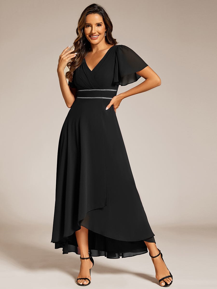 Robe de soirée formelle en mousseline de soie à double col en V et taille ajustée #Couleur_Noir