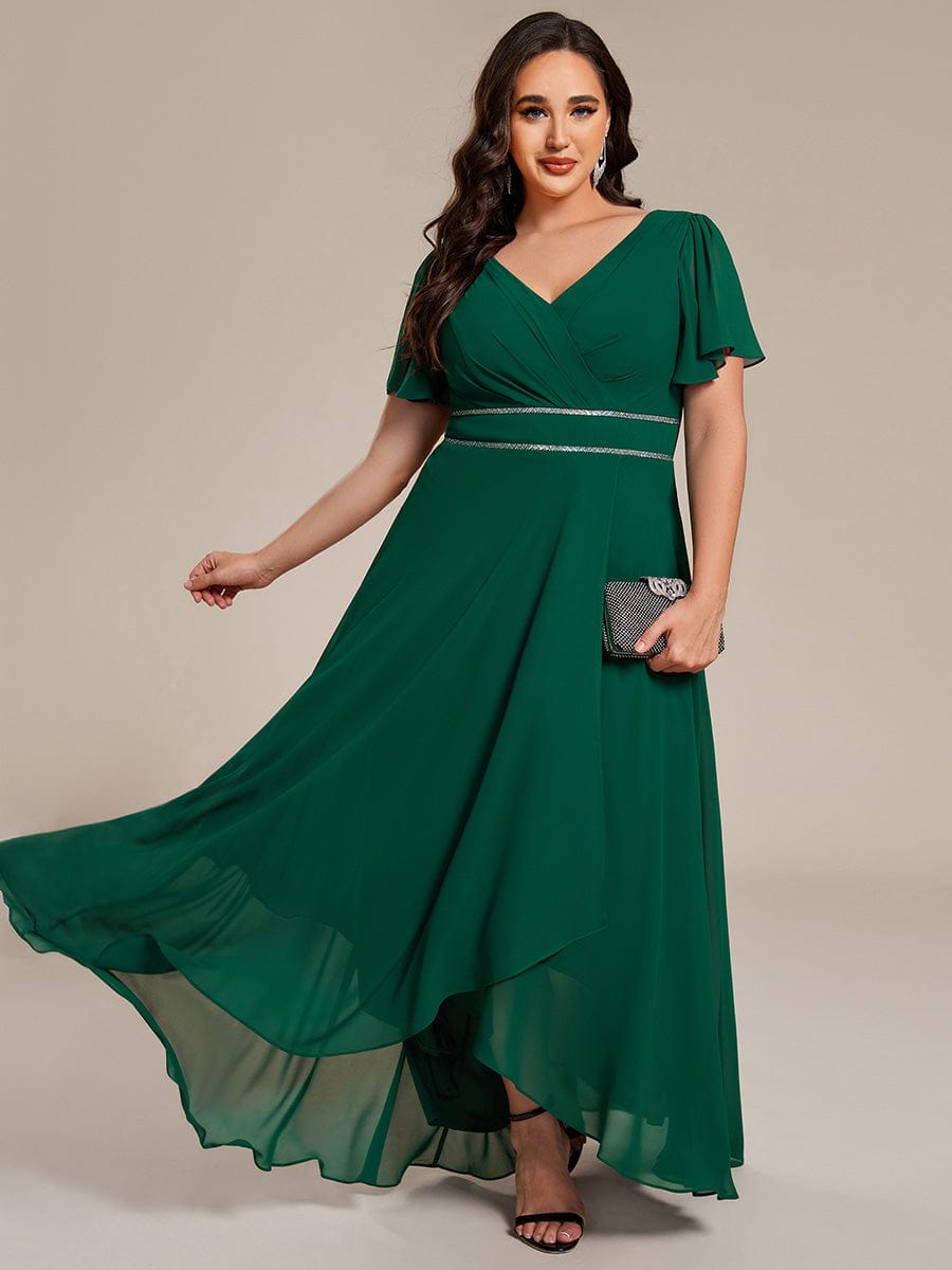 Robe de soirée formelle en mousseline de soie à double col en V et taille ajustée #Couleur_Vert Fonce