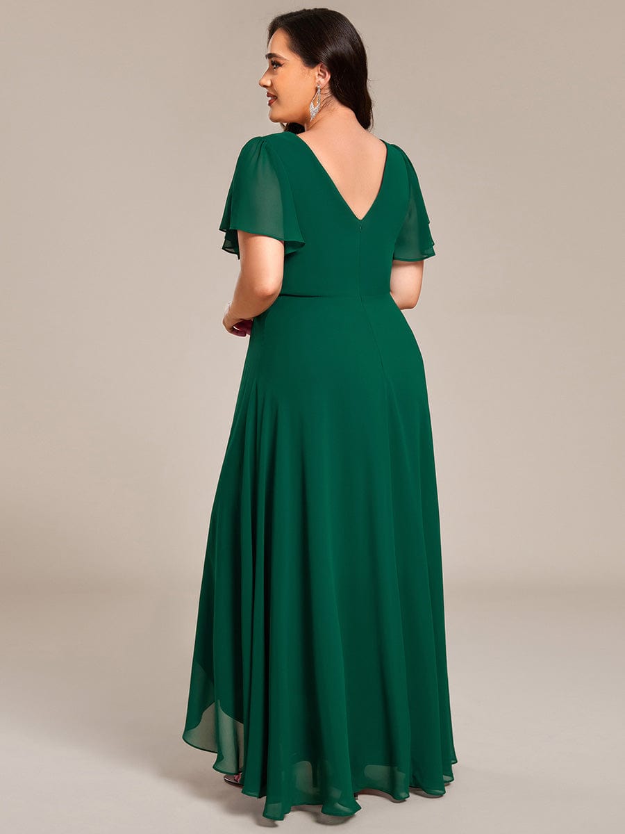 Robe de soirée formelle en mousseline de soie à double col en V et taille ajustée #Couleur_Vert Fonce