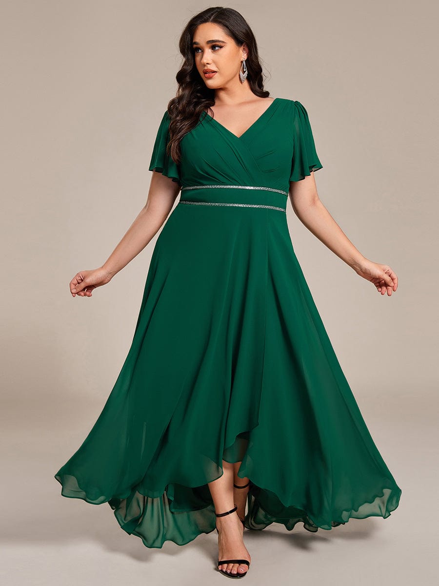 Robe de soirée formelle en mousseline de soie à double col en V et taille ajustée #Couleur_Vert Fonce