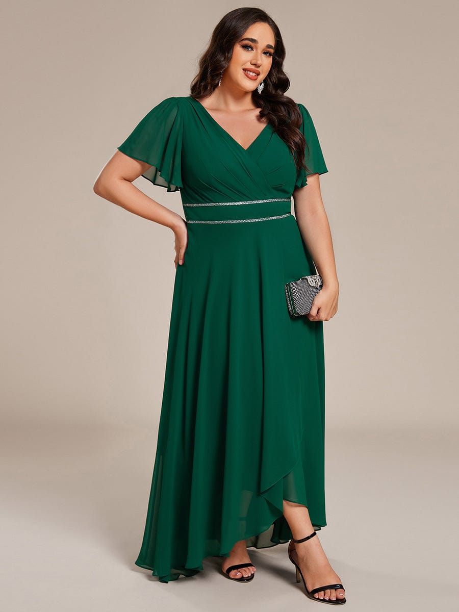 Robe de soirée formelle en mousseline de soie à double col en V et taille ajustée #Couleur_Vert Fonce