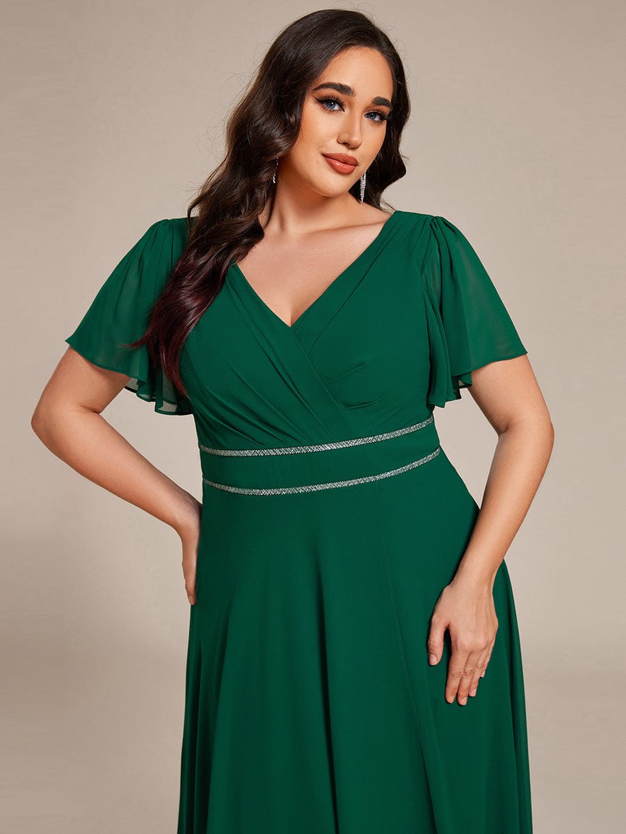 Robe de soirée formelle en mousseline de soie à double col en V et taille ajustée #Couleur_Vert Fonce