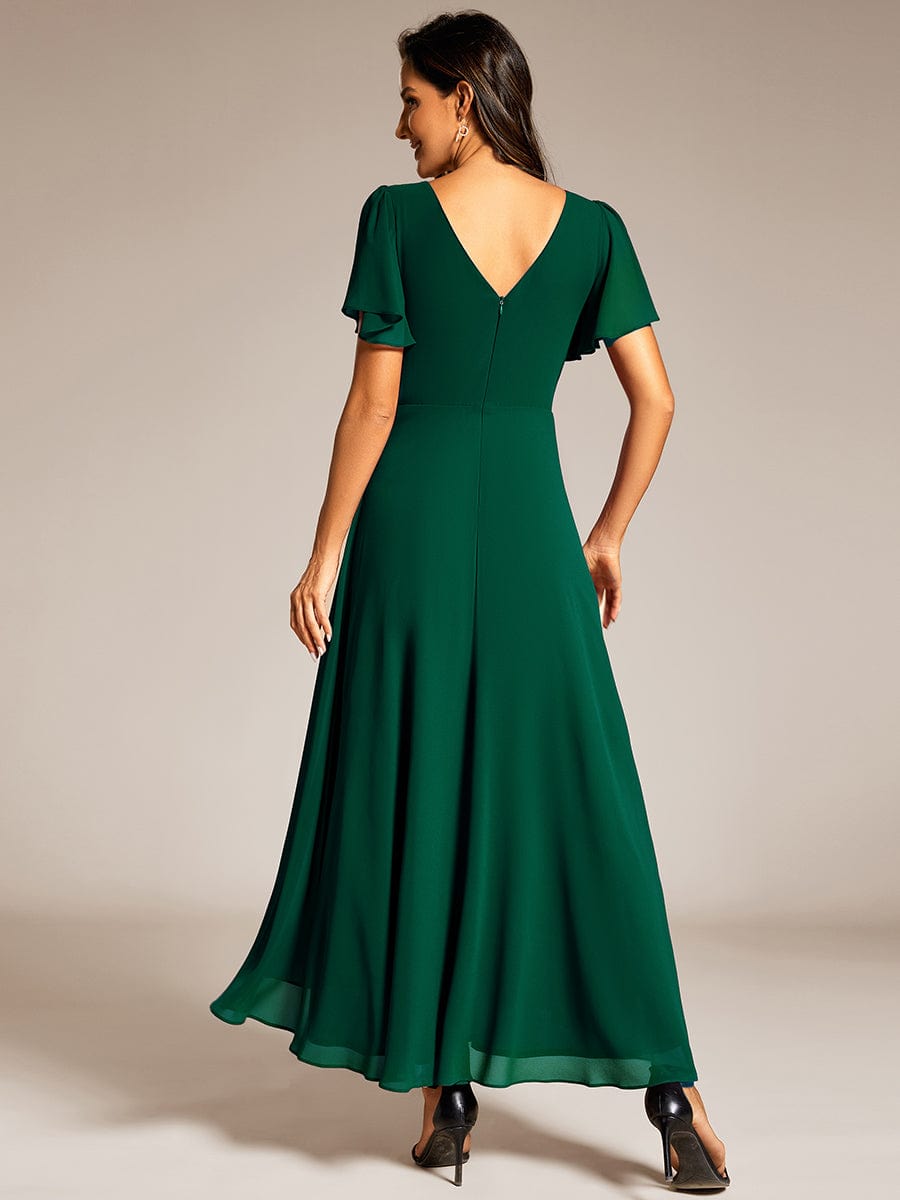 Robe de soirée formelle en mousseline de soie à double col en V et taille ajustée #Couleur_Vert Fonce