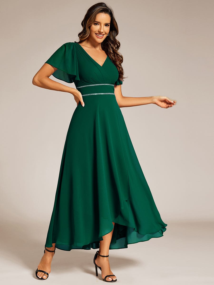 Robe de soirée formelle en mousseline de soie à double col en V et taille ajustée #Couleur_Vert Fonce