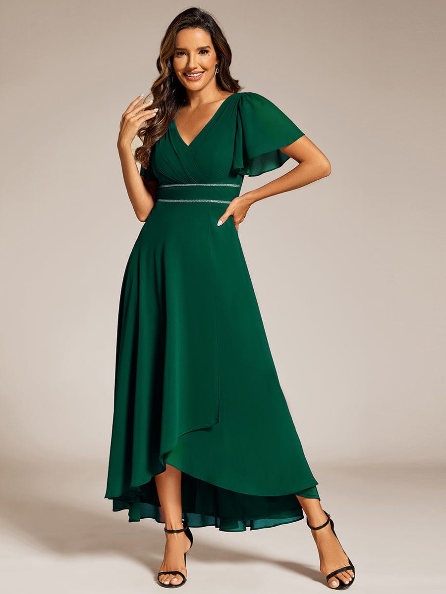 Robe de soirée formelle en mousseline de soie à double col en V et taille ajustée #Couleur_Vert Fonce