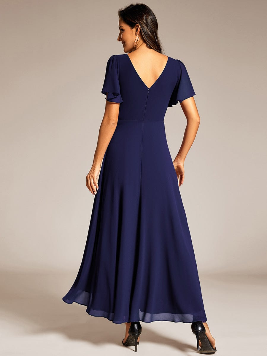 Robe de soirée formelle en mousseline de soie à double col en V et taille ajustée #Couleur_Bleu Marine