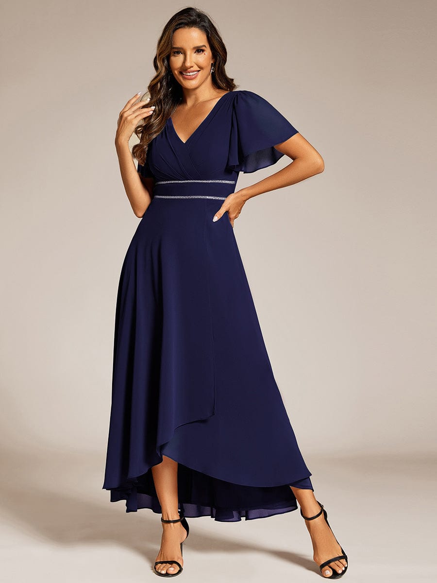 Robe de soirée formelle en mousseline de soie à double col en V et taille ajustée #Couleur_Bleu Marine