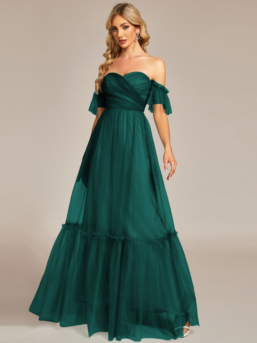 Taille personnalisée Robe de soirée Tulle plissée épaules dénudées #Couleur_Vert Fonce