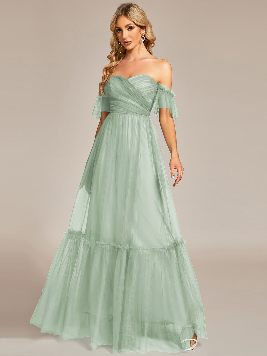 Taille personnalisée Robe de soirée Tulle plissée épaules dénudées #Couleur_Menthe Verte