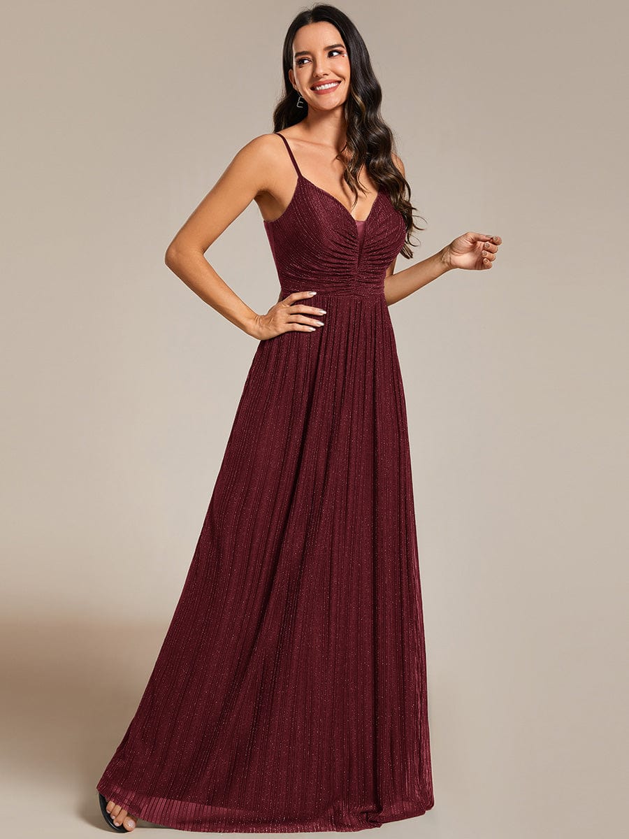 Robe de soirée plissée scintillante à bretelles spaghetti et taille empire #Couleur_Bordeaux