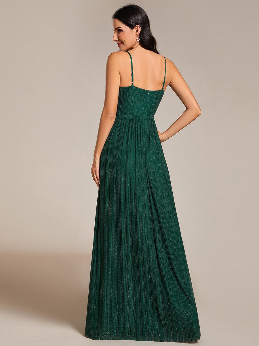 Robe de soirée plissée scintillante à bretelles spaghetti et taille empire #Couleur_Vert Fonce