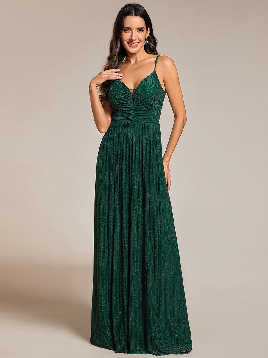 Robe de soirée plissée scintillante à bretelles spaghetti et taille empire #Couleur_Vert Fonce