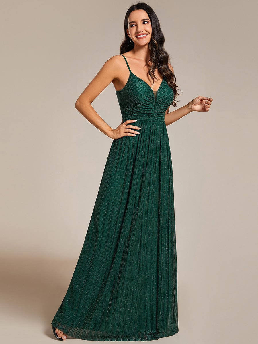 Robe de soirée plissée scintillante à bretelles spaghetti et taille empire #Couleur_Vert Fonce