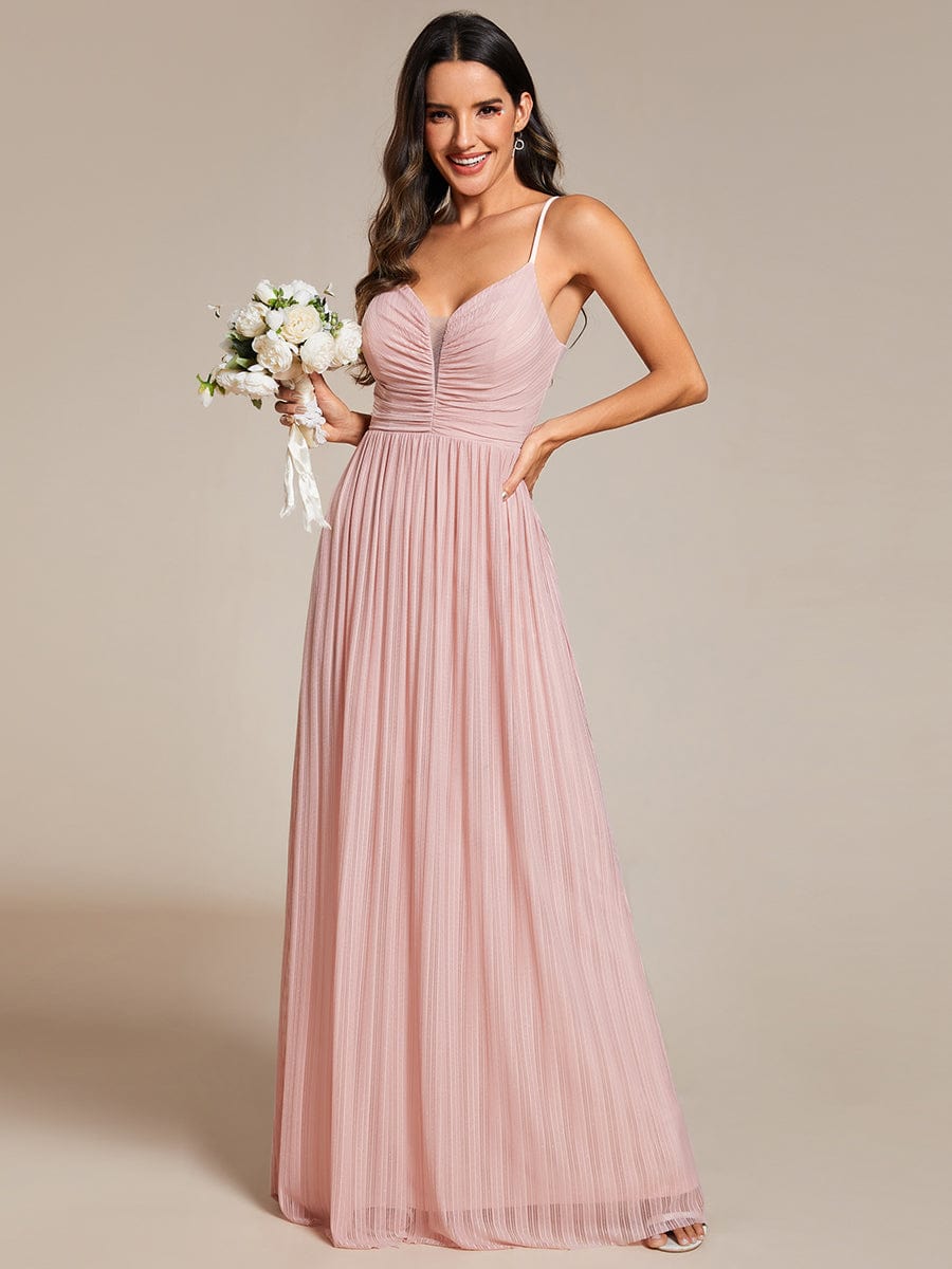 Robe de soirée plissée scintillante à bretelles spaghetti et taille empire #Couleur_Rose