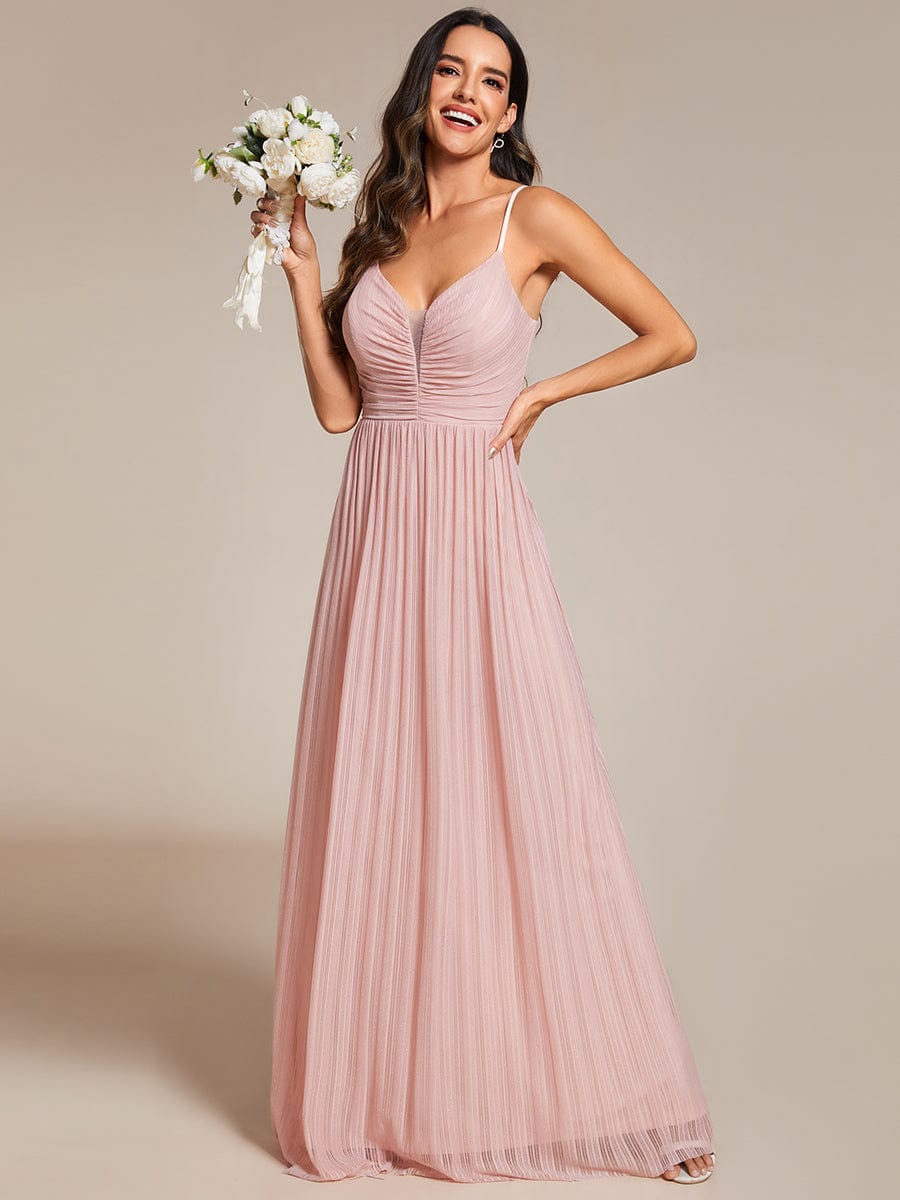 Robe de soirée plissée scintillante à bretelles spaghetti et taille empire #Couleur_Rose