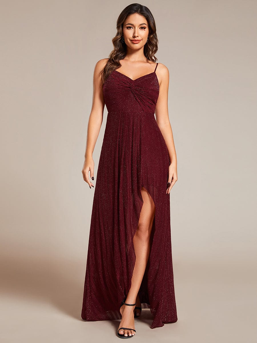 Robe de soirée formelle élégante sans manches à col en V et fente haute avec plissage #Couleur_Bordeaux