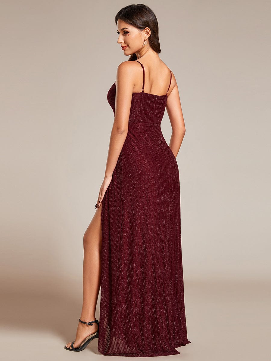 Robe de soirée formelle élégante sans manches à col en V et fente haute avec plissage #Couleur_Bordeaux