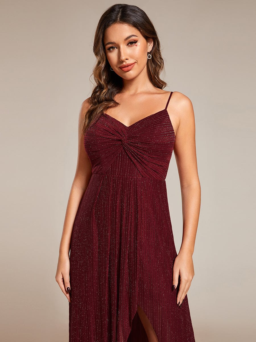 Robe de soirée formelle élégante sans manches à col en V et fente haute avec plissage #Couleur_Bordeaux