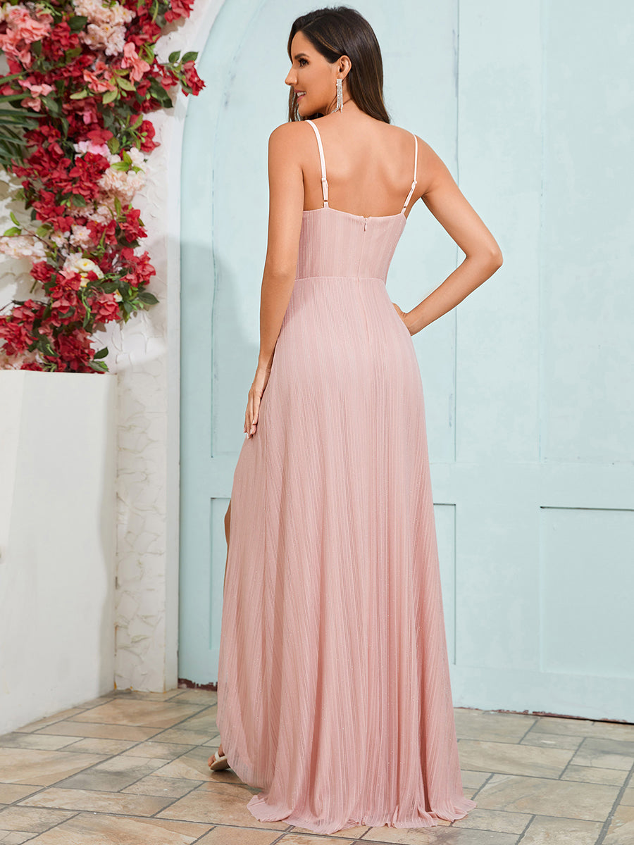 Robe de soirée formelle élégante sans manches à col en V et fente haute avec plissage #Couleur_Rose